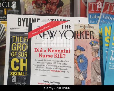 Manchester, UK, 2. Juli 2024: Schwester Lucy Letby wurde wegen eines weiteren versuchten Mordes verurteilt. Während der Fall im Gange war, bedeutete die Missachtung der Restriktionen bei Gericht, dass ein artikel im New Yorker Magazin, der die Gültigkeit des ursprünglichen Verfahrens in Frage stellte, in den britischen Medien nicht geteilt oder gar erwähnt werden konnte. Der artikel wurde im X-Feed des Magazins veröffentlicht, aber wenn Sie auf den Link klicken, wird eine Fehlermeldung angezeigt, da der artikel geo-blockiert war. Abonnenten aus Großbritannien konnten es in der App des Magazins lesen, und das Magazin war auch an Zeitungsständen in Großbritannien verfügbar. Stockfoto