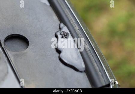 Korrosionsschutz im Motorraum nach der Behandlung mit einer Korrosionsschutzschicht am Fahrzeug, die Metall vor Korrosion schützt Stockfoto