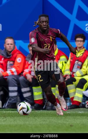 Düsseldorf, Deutschland. Am 1. Juli 2024 spielte Jeremy Doku (Belgien) beim Spiel der UEFA Euro Germany 2024 zwischen Frankreich 1-0 Belgien in der Düsseldorf Arena am 1. Juli 2024 in Düsseldorf. Quelle: Maurizio Borsari/AFLO/Alamy Live News Stockfoto