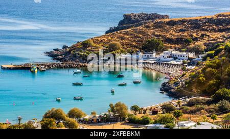 Geografie / Reisen, Griechenland, Rhodos, Lindos, Bucht mit Strand, ADDITIONAL-RIGHTS-CLEARANCE-INFO-NOT-AVAILABLE Stockfoto