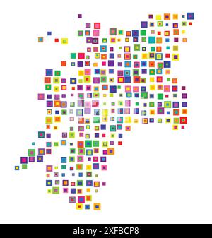 Symbolkarte der Grafschaft Nord-Trondelag (Norwegen). Abstrakte Karte, die den Bundesstaat/die Provinz mit einem Muster von sich überlappenden bunten Quadraten wie Süßigkeiten zeigt Stock Vektor