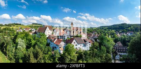 Aus der Vogelperspektive, Panorama, Blick auf das Blumenfeld, Stadtteil der südbadischen Stadt Tengen mit Blumenfeldschloss und Pfarrkirche St. Stockfoto