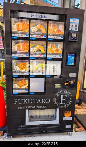 Automaten in Japan bieten eine enorme Auswahl an Produkten, die Sie kaufen können. Manchmal fühlt es sich an, einen Schatz zu finden, nur weil diese Automaten einzigartig sind und wie ungewöhnlich es ist, auf einen Automaten zu stoßen, der sich von anderen unterscheidet. In Fukuoka, einer südjapanischen Stadt, werden in diesem Automaten komplette Gerichte verkauft. Japan. Stockfoto