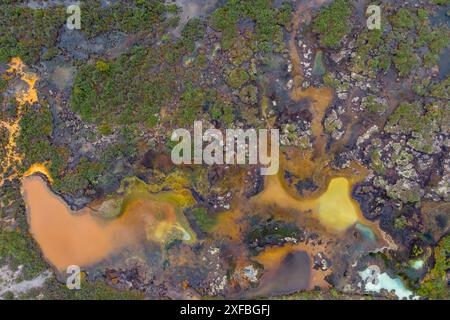 Drohnen, Luftaufnahmen von bunten Seen und Teichen in der kanadischen Wildnis. Abstrakt, Druck, Kunst, Wandkunst. Stockfoto