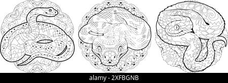 Handgezeichnete zentangle-Schlangen zum Ausmalen von Seiten, für T-Shirts und andere Dekorationen Stock Vektor
