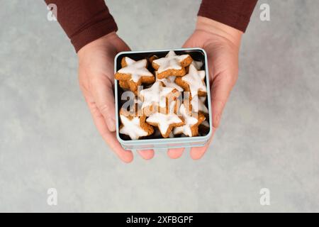 Zimtsterne, Zimtsterne traditionelle deutsche weihnachtskekse in einer Box, Lebkuchen mit Aniswürz für die Feiertage Stockfoto