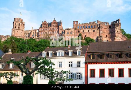 Heidelberg, mittelalterliches Schloss, roter Sandsteinturm erhebt sich majestätisch über Neckar und Tal Stockfoto