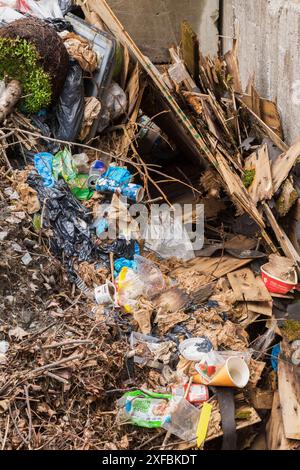 Stapel von ausrangierten geschnittenen und gesägten Holzstücken, Pappbecher, Kunststoff und organischen Abfällen in Zementbehälter auf der Recyclinganlage im Freien in Quebec, Kanada Stockfoto