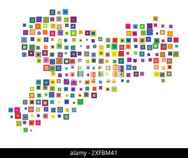 Symbolkarte des Landes Sachsen (Deutschland). Abstrakte Landkarte mit einem Muster von sich überschneidenden bunten Quadraten wie Süßigkeiten Stock Vektor