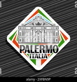 Vektor-Logo für Palermo, weißes Rautenschild mit Linienillustration des berühmten politeama-Theaters in palermo auf Tageshimmel-Hintergrund, dekoratives Refri Stock Vektor