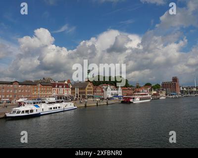 Hafenpromenade mit Booten und historischen Gebäuden bei bewölktem Wetter, Kappeln, schlewsig-holstein, deutschland Stockfoto