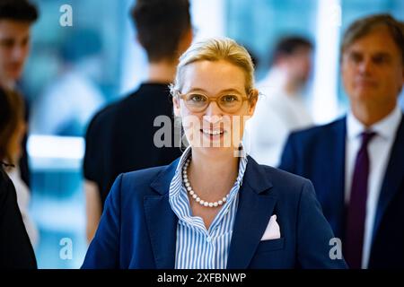 Alice Weidel kommt zur Fraktionssitzung der AfD im Bundestag am 2. Juli 2024. AFD-Erklärung vor der Fraktionssitzung *** Alice Weidel nimmt am 2. Juli 2024 an der Fraktionssitzung der AfD im Bundestag Teil Stockfoto