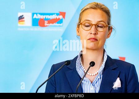 Alice Weidel AfD gibt eine Presseerklärung vor der Fraktionssitzung im Bundestag am 2. Juli 2024. AFD-Erklärung vor der Fraktionssitzung *** Alice Weidel die AfD gibt vor der Fraktionssitzung im Bundestag am 2. Juli 2024 eine Pressemitteilung der AfD vor der Fraktionssitzung ab Stockfoto