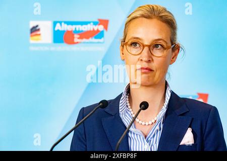 Alice Weidel AfD gibt eine Presseerklärung vor der Fraktionssitzung im Bundestag am 2. Juli 2024. AFD-Erklärung vor der Fraktionssitzung *** Alice Weidel die AfD gibt vor der Fraktionssitzung im Bundestag am 2. Juli 2024 eine Pressemitteilung der AfD vor der Fraktionssitzung ab Stockfoto