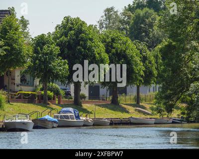 Mehrere Boote liegen an einem sonnigen Tag unter schattigen Bäumen am Ufer, friedrichstadt, schleswig-holstein, deutschland Stockfoto