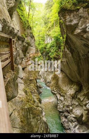 Schmales Tal mit steilen Felswänden, durch die ein smaragdgrüner Fluss fließt und von Holzstegen begleitet wird, gosau, alpen, österreich Stockfoto