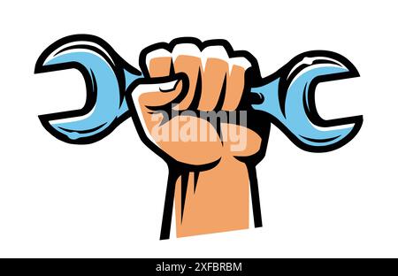 Werkzeugschlüssel in der Hand. Arbeitshand mit Schraubenschlüssel. Reparaturwerkstatt, Servicemblem oder -Symbol. Vektorabbildung Stock Vektor