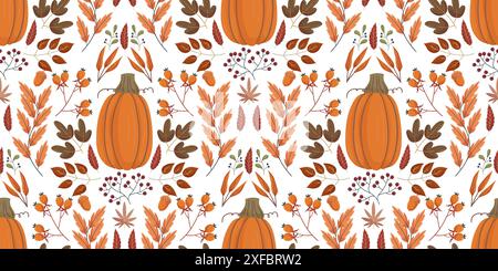 Lebhaftes, nahtloses Herbstmuster, große Kürbisse umgeben von verschiedenen Herbstblättern, Beeren, Eicheln und Zweigen. Festliches Design perfekt für saisonale Projekte und Dekorationen. Stock Vektor