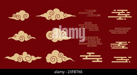 Japanisches Wolkenset, asiatisches traditionelles gewelltes Lockenschmuck. China-Ornament, östliche Deko-Kritzelei, Linie. Wolken fließen mit dem Wind am Himmel. Vektorabbildung Stock Vektor