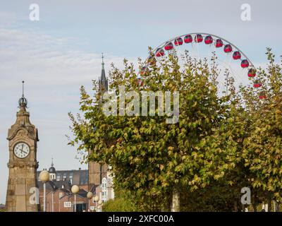 Uhrenturm und Riesenrad hinter herbstlichen Bäumen in einer Stadtlandschaft, Düsseldorf, Nordrhein-Westfalen, Deutschland Stockfoto