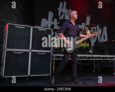 Guildford / UK - 29. Juni 2024: Das ursprüngliche Bandmitglied Jean-Jacques Burnel tritt mit den Stranglers auf dem Guilfest Music Festival in Guildford, Surrey, UK. Stockfoto