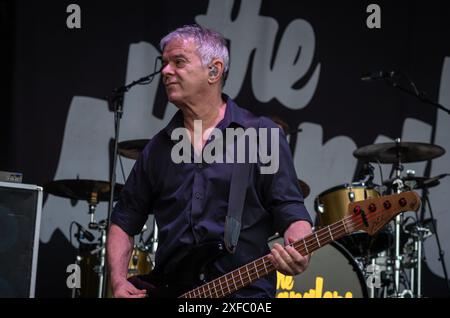 Guildford / UK - 29. Juni 2024: Das ursprüngliche Bandmitglied Jean-Jacques Burnel tritt mit den Stranglers auf dem Guilfest Music Festival in Guildford, Surrey, UK. Stockfoto