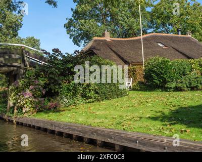 Haus mit Strohdach und üppigem Garten, Holzbrücke über den Kanal, umgeben von Grün, giethoorn, niederlande Stockfoto