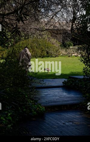 Ein schattiger Pfad führt zu einer Person, die einen Regenparka trägt und auf dem Gelände des Calouste Gulbenkian Museums mit einer roten Schnabelente interagiert Stockfoto