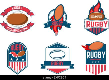 Rugby League. Rugby-Labels, Embleme und Designelemente. Rugby-Meisterschaft. Rugby-Symbole. Vektorentwurzelemente. Stock Vektor