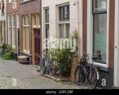 Enge Gasse mit geparkten Fahrrädern vor alten Häusern mit Kopfsteinpflasterstraßen, Leiden, Niederlande Stockfoto