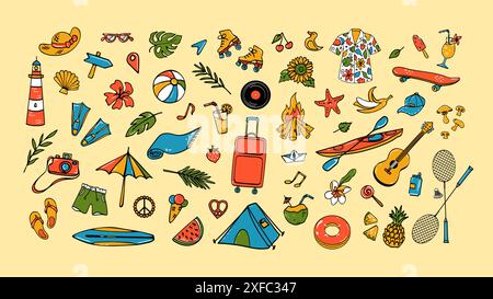 Große Auswahl an Sommer-Doodle-Objekten Stock Vektor