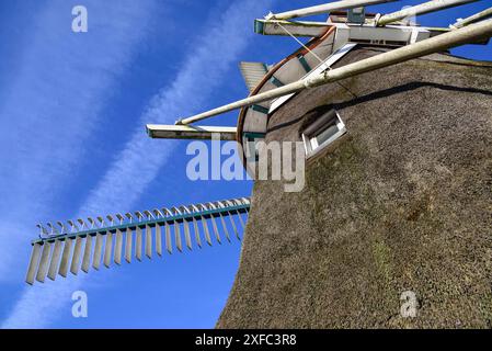 Detaillierte Ansicht einer Steinwindmühle unter blauem Himmel, leer, ostfriesland, deutschland Stockfoto