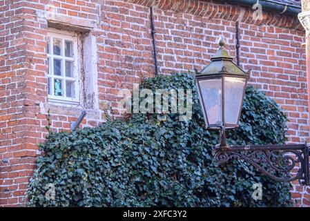 Altes Backsteinhaus mit Fenster und Kletterpflanzen, daneben eine antike Straßenlaterne, leer, Ostfriesland, Deutschland Stockfoto