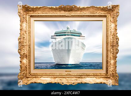 Kreuzfahrtschiff auf dem offenen Meer in lebendigem goldenen Rahmen Stockfoto