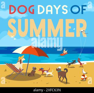 Hundetage der Sommerruhe auf Meer Sandstrand Vektorplakat. Niedliche Hunde, die Spaß beim Entspannen, Spielen, Sonnenbaden, Drachenfliegen, Surfen Zeichentrickfilm Illustration haben. Stock Vektor