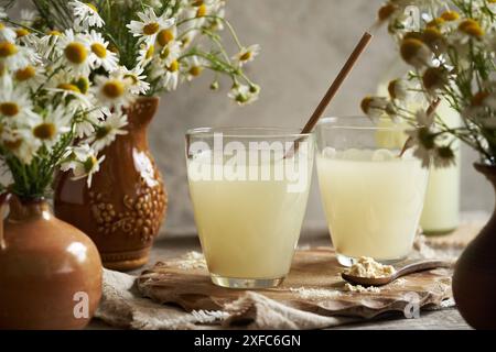 Zwei Gläser natürliches Molke- und Proteinpulver mit Papierhalmen Stockfoto