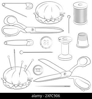 Satz Schwarzweiß-Abbildungen mit Nähzubehör. Isolierte Vektorobjekte auf weißem Hintergrund. Stock Vektor