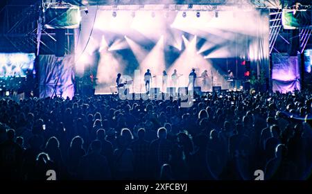 Eine große Menschenmenge, die abends ein Live-Musikkonzert genießt. Die Bühne ist mit farbenfrohen Lichtern beleuchtet, was eine elektrisierende Atmosphäre schafft. Stockfoto