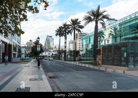 Santiago, Chile - 14. März 2019: Eine beschauliche Stadtstraße, flankiert von Modernität und Natur. Stockfoto