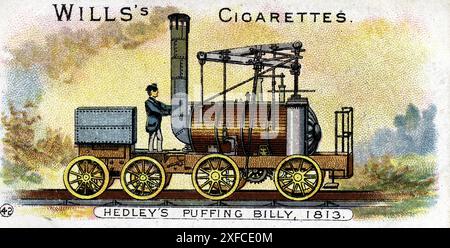 Puffing Billy, die 1813 patentierte Eisenbahnlokomotive von William Hedley. Sie wurden im selben Jahr in Betrieb genommen und bleiben bis 1872 im Einsatz. Chromolithographie 1901. Stockfoto