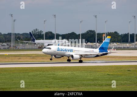 Flugbetrieb am Münchener Flughafen ein Airbus A320neo der Lufthansa-Tochter Entdecken Sie bei der Landung am Flughafen München Franz Josef Strauß. Oberding Schwaig Bayern Deutschland *** Flugbetrieb am Flughafen München ein Airbus A320neo der Lufthansa-Tochtergesellschaft Entdecken Landung am Flughafen München Franz Josef Strauß Oberding Schwaig Bavaria Deutschland 20240701-6V2A2886 Stockfoto