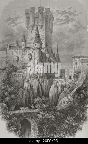 Geschichte Spaniens. Segovia. Alcazar. Stich von Wiesener. „Los Héroes y las Grandezas de la Tierra“ (die Helden und die Grandeure der Erde). Band VIII. 1856. Stockfoto