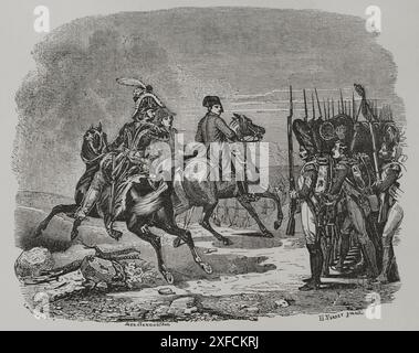 Schlacht von Jena (14. Oktober 1806). Die französische Armee unter Napoleon besiegte die preußischen Truppen unter Friedrich Wilhelm III. Von Preußen. Napoleon I. in der Schlacht von Jena. Napoleon überprüft die Kaiserliche Garde. Die Szene zeigt Napoleon beim Gruß eines Grenadiers der Kaiserlichen Garde. Murat wird hinter ihm reiten gezeigt. Stich von Williams nach einem Gemälde von Horace Vernet. „Los Héroes y las Grandezas de la Tierra“ (die Helden und die Grandeure der Erde). Band VIII. 1856. Stockfoto