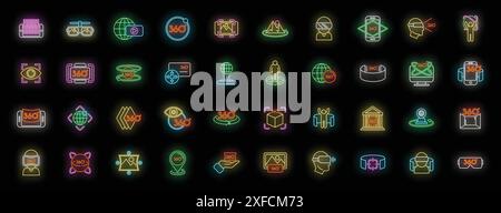 Symbole für virtuelle Rundgänge legen den Konturvektor fest. Video-Pfeil. App Design Neonfarbe auf Schwarz Stock Vektor