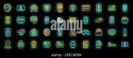 Zwei-Faktor-Authentifizierungssymbole legen den Konturvektor fest. Codezertifikat. Multi Mobile Neonfarbe auf Schwarz Stock Vektor