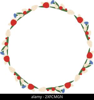 Kranz aus Erdbeeren und Kornblumen, Blättern und Blüten. Vektorillustration auf weißem Hintergrund Stock Vektor
