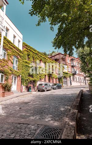 Tiflis, Georgien - 16. JUNI 2024: Straßenblick und traditionelle Architektur in Tiflis, der Hauptstadt Georgiens. Stockfoto