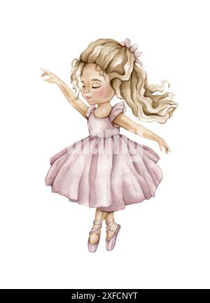 Aquarelltanzende Ballerina in rosa Kleid und blonden Haaren. Handgezeichnete klassische Ballettvorstellung, Pose. Junge Ballerina Kind Illustration isoliert Stockfoto