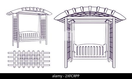 Gartenschaukel, Pavillon. Ruheplatz. Die Skizze wird von Hand gezeichnet. Vorderansicht, Draufsicht und perspektivische Ansicht. Für Landschaftsgestaltung. Isoliert auf weißem Hintergrund Stock Vektor