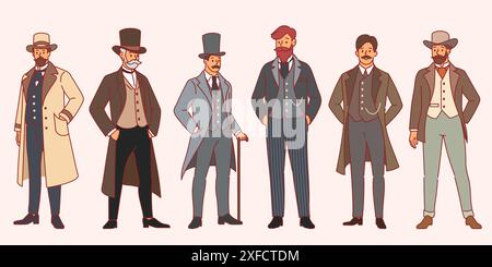 Cartoon Gentleman. Englische Retro-Leute, männliche Charaktere in Vintage-Kleidung mit Gehstock und Hut, eleganter Stil, britische Aristokratie, Mann mit Stock Vektor